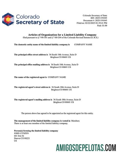 Artigos de organização realistas dos EUA Colorado modelo Word e PDF, versão 2